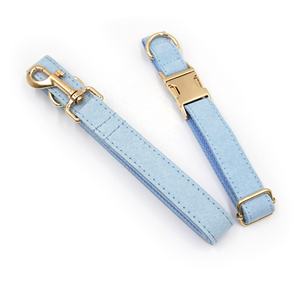 Conjunto de <span class=keywords><strong>collar</strong></span> y correa de cuero de gamuza para perro, regalo para perro, conjunto de lujo, azul cielo, otros collares para mascotas, hebilla dorada, correas para mascotas a la moda - Product Image 4