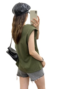 Camiseta sin mangas básica de algodón con cuello redondo y hombreras para mujer al por mayor - Product Image 2