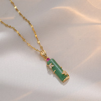 Chaîne en acier inoxydable longue en forme de bambou avec pendentif en jade naturel vintage, chaîne de clavicule en jade bambou vert, pendentif en jade bambou Forman