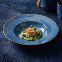 Assiettes à soupe et à pâtes en céramique, vente en gros directe d'usine, assiettes rondes en porcelaine nordique bleues pour hôtels et restaurants