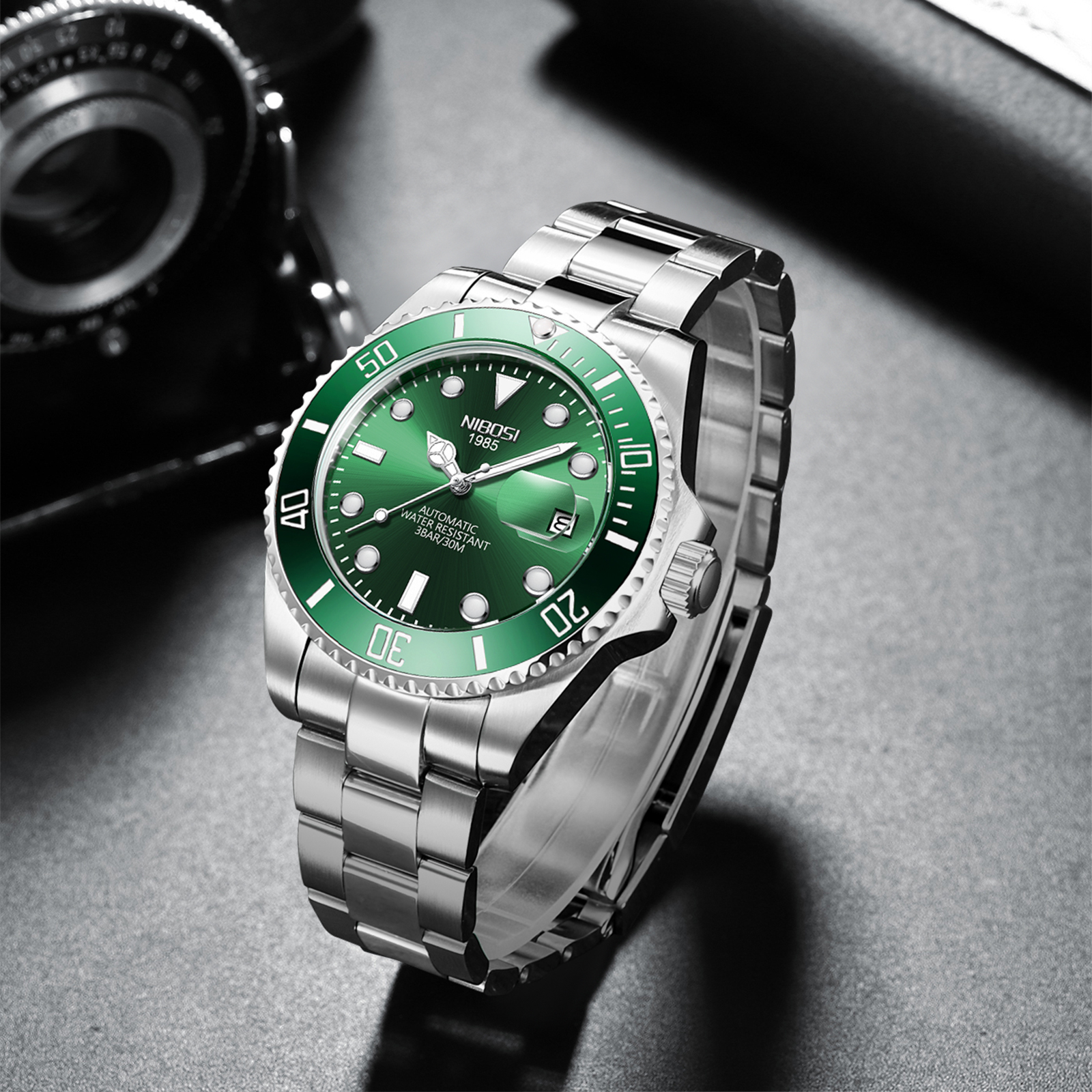 NIBOSI Orologio Uomo Analogico Quarzo – Quadrante Verde Con Diamanti, Cinturino In Acciaio Inox, Impermeabile 3 ATM