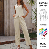 Setelan Vest dan Celana Kerja Wanita Musim Panas ELEGAN, Bahan Tenun Solid Kancing Tanpa Lengan, Poliester Spandex 2-Piece Panjang
