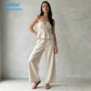 Set 2 Pezzi OEM ODM per <span class=keywords><strong>Donna</strong></span>: Top Senza Spalline Traspirante e <span class=keywords><strong>Pantaloni</strong></span> a Gamba Larga, Completo Personalizzato in Misto <span class=keywords><strong>Lino</strong></span> dal Produttore - Product Image 1