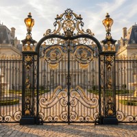 Portail d'entrée en fer forgé de style baroque de luxe LINCAI |   Portail de propriété orné noir et or avec volutes dorées et lanternes