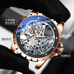 Men <b>Automatic</b> Skeleton Watch Silver Stainless Steel Case Black Leather Strap Luxury Mechanical Hollow Dial Fashion <b>Wristwatch</b> - Product Image 5