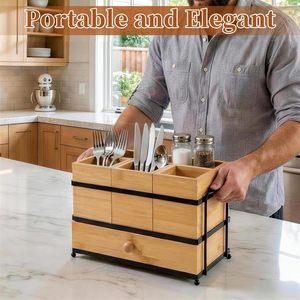 Wooden Cutlery <b>Storage</b> <b>Box</b> 3 Tier Desktop Organizer With Drawer For <b>Kitchen</b> Utensil <b>Storage</b> - Product Image 4