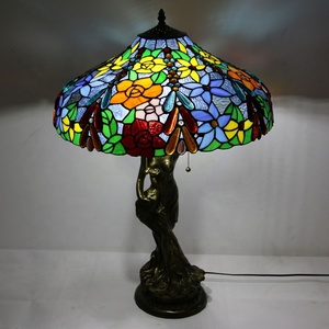 LongHuiJing Newly Handmade Glass Desk <b>Lights</b> Vintage 18Inch Stained Glass Lampshade Tiffany Style Oval Art Flower Stand Lamps - Product Image 2