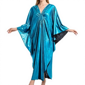 V Neck Blue Abaya <b>Dress</b> Long Sleeve <b>Loose</b> Fit Asymmetrical Hem Midi Length Polyester Women's Daily Wear Modest Style - Product Image 1