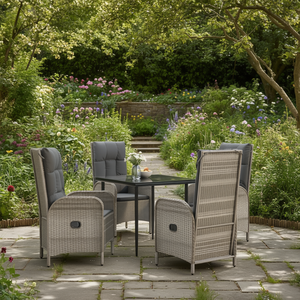 Conjunto de Comedor de Jardín de Mimbre para Exteriores, 4 Plazas, Resistente a la Intemperie, Diseño Contemporáneo, Estructura Gris con Cojines - Product Image 2