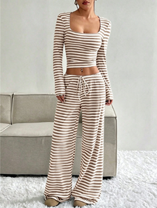 Conjunto de Loungewear a Rayas Acanalado para Mujer al por Mayor, Top Corto con Cuello Cuadrado y Pantalones de Pierna Ancha, <span class=keywords><strong>Pijamas</strong></span> a Granel en Stock - Product Image 2