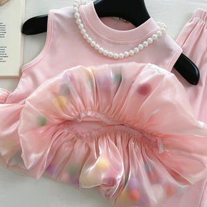 Nuevas niñas Casual sin mangas sólido estambre chaleco conjunto de dos piezas verano nueva moda pantalones acampanados elásticos de moda - Product Image 3