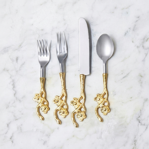 Ensemble de couverts en métal à motif floral avec poignées dorées, lavable au lave-vaisselle, couverts de mariage, cuillère, fourchette, couteau en acier inoxydable - Product Image 1