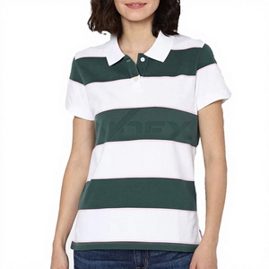 Polo rayé pour femme à manches courtes vert et blanc, vêtement décontracté en tissu tissé - Product Image 1