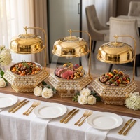 Chauffe-plat de buffet 8L en acier inoxydable épaissi, finition Or Diamant, à chauffage à l'alcool, avec couvercle suspendu, pour mariages et banquets