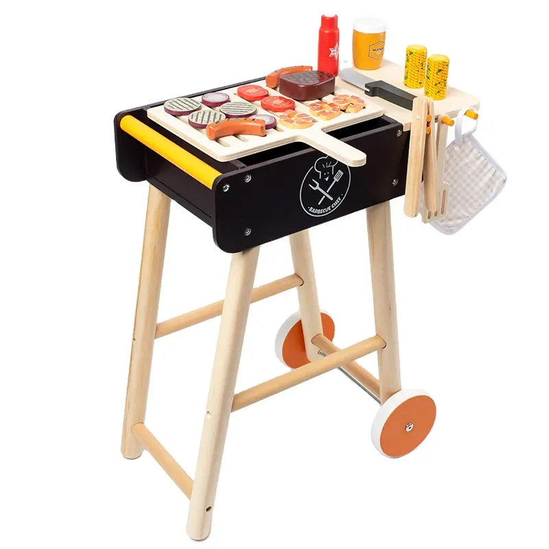 New Cooking Food Pretend Barbecue Trolley Toy Kids BBQ Cart Tool gioco di ruolo in legno giocattoli Set da cucina in legno gioco regalo per bambini