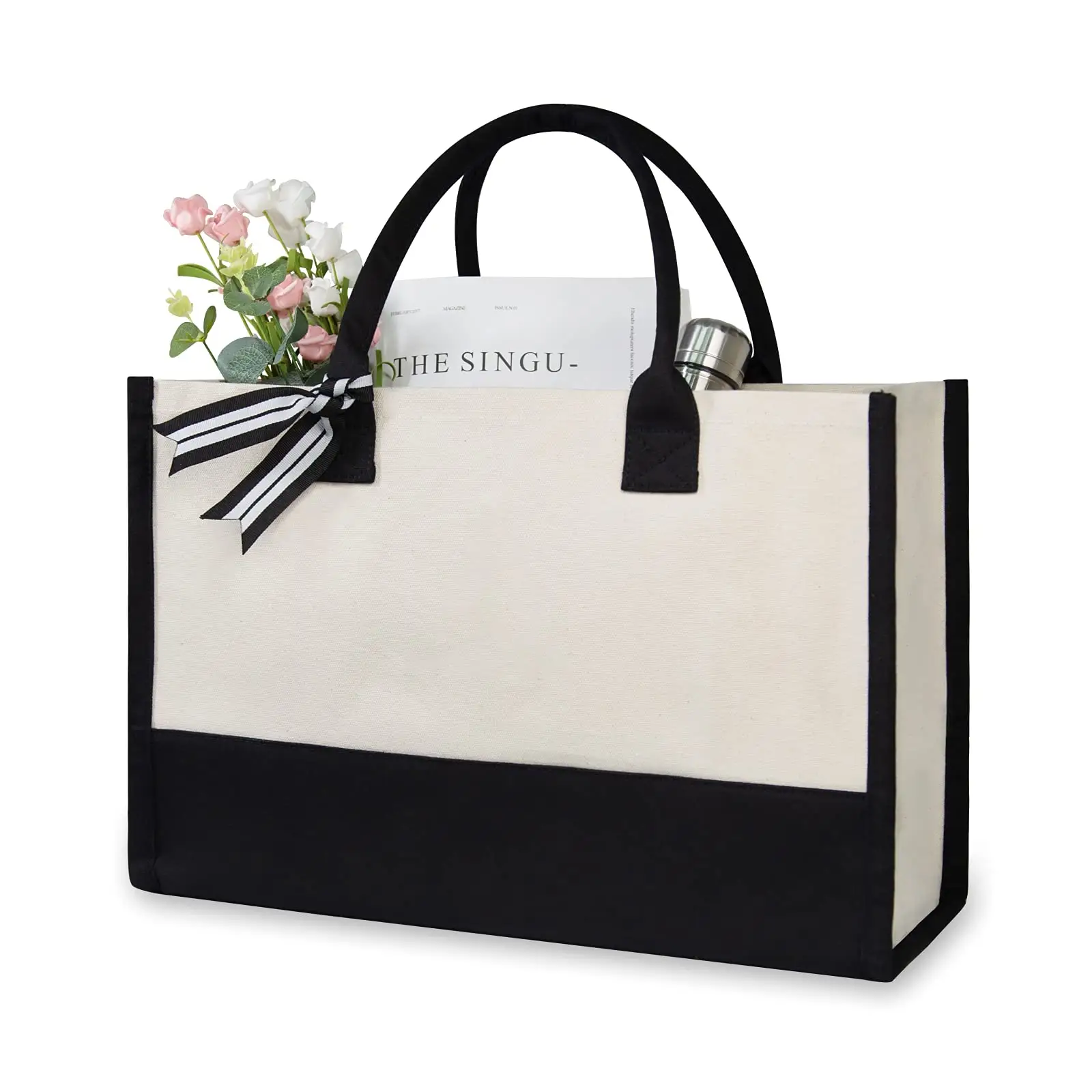 Amazon Fashionable Multi Purpose Cream Color Women Handbags Cotton Shopping beach Bag Two-Tone Canvas Tote Bag wit Black Handles