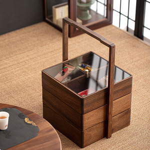 Caja de té portátil de madera de nogal Da'an Hall, caja de almacenamiento cuadrada de varias capas con asa para accesorios de la ceremonia del té - Product Image 4