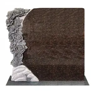 Dark Brown Granite Carving Engraving Flowers Shape Tombstone Europe Upright Headstone With Flower