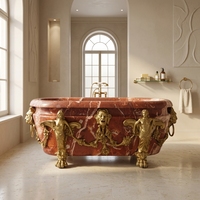 Baignoire autoportante rectangulaire en marbre rouge-brun avec pieds en griffes de lion et masque de lion doré pour villa et hôtel