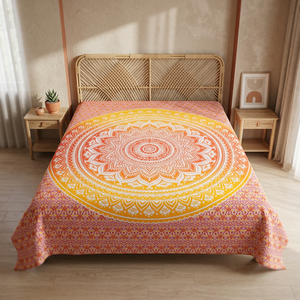 Sábana plana con estampado geométrico de mandala bohemio, color rosa, naranja y amarillo, funda de cama, sábana étnica para el hogar - Product Image 6