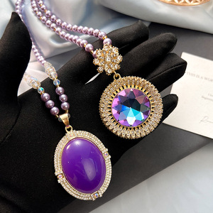Purple Beaded Necklace With Crystal Pendant Flower Shape Party Jewelry For Women Elegant Long Chain Fashion Accessory - Product Image 3