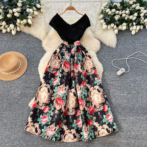 Robe florale épaules dénudées pour femme : Maxi taille haute coupe trapèze, imprimé baroque, <span class=keywords><strong>jupe</strong></span> <span class=keywords><strong>longue</strong></span> élégante pour soirée d'été et invitée de <span class=keywords><strong>mariage</strong></span> - Product Image 2