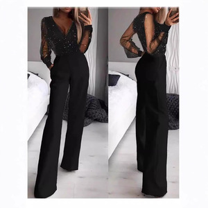 Combinaison noire en maille à sequins pour femme, taille mi-haute, transparente, élégante, pour soirée cocktail - Product Image 1