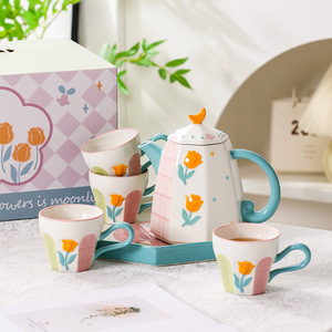 Cute Porcelain <b>Tea</b> <b>Pot</b> <b>Set</b> Hand Printed Flower Teapot and 4 Cups <b>Set</b> for <b>Tea</b> Party - Product Image 2