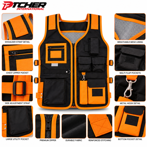 Veste de travail multi-poches personnalisée en gros, noire et orange, robuste, avec fermeture éclair et bretelles réglables pour hommes - Product Image 6