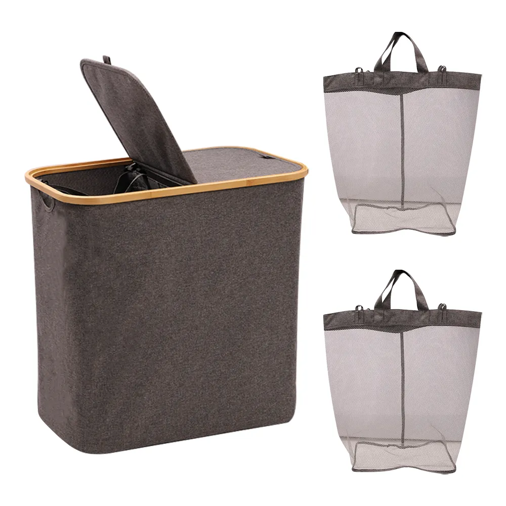 Bamboo laundry bag foldable laundry hamper durable Collapsible laundry basket with Removable Bag and Lid for Home Grey