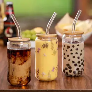 Ins Large-Capacity Heat-Resistant Borosilicate Juice Tea Drink Coffee Transparent Glass Cup With Wooden Bamboo Lid And Straw