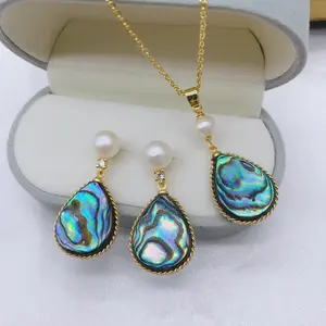 2024 Pearl Teardrop Abalone Shell Charm Pendant Necklace Earrings Set Abalon Shell Jewelry