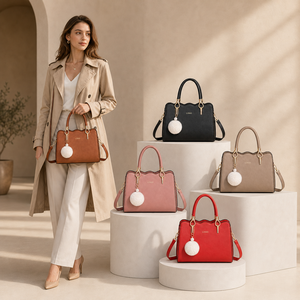 Borsa a Spalla Rossa da Donna alla Moda con Manico Superiore Smerlato, Elegante Borsa a Tracolla con Ciondolo Pompon per Feste, Lavoro e Viaggi - Product Image 1