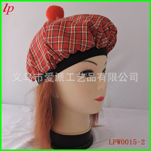 Chapeau écossais à carreaux avec perruque, béret rouge à carreaux, accessoire de costume de fête unisexe LPW0015 - Product Image 3