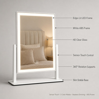 Miroir de maquillage éclairé blanc 27x33cm, rotation à 360°, cadre ABS, capteur tactile, 3 modes de couleur, intensité réglable, 1X HD