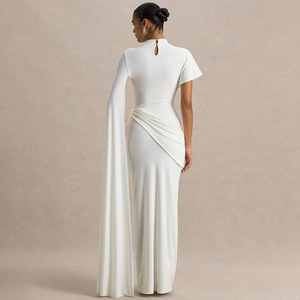 Robe de soirée pour femme, col rond, manches courtes, plissée asymétrique, longue, confortable, taille naturelle, tenue décontractée - Product Image 4