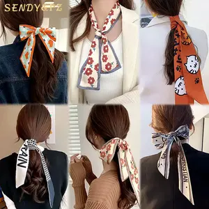 Korean Style Cloth Thousand Bird Lattice Multi Style Horsetail Bow Ribbon Women Retro Temperament Hair Band For Girls