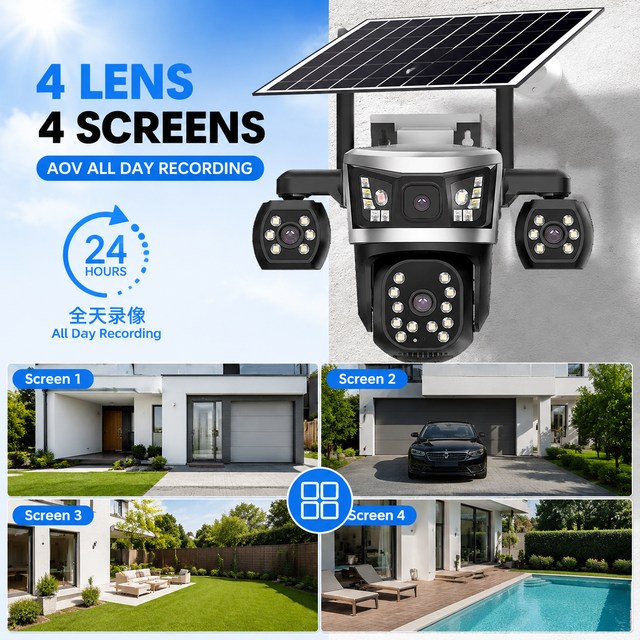 V380 Network Camera 12MPHD Smart Solar Charging Four-Lens Four-View AOV Full-Day Recording 4G Two-Way Audio Security Camera