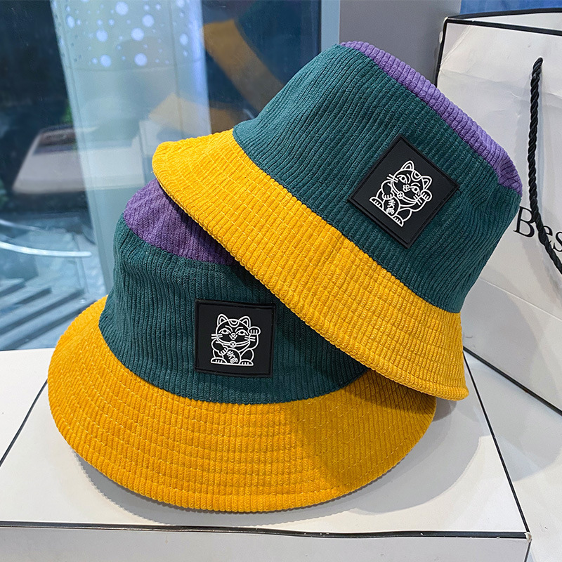Wholesale Men Women Flat Top Color Block Custom Logo Corduroy Bucket Hat Summer Cap For Outdoor Sports Visor