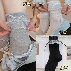 Miu Brand Women's Mid-Calf Slouch <b>Socks</b> With Lace Bow Trim Breathable <b>Polyester</b> Gray White Black For Ballet Style Shoes - Product Image 5