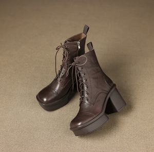 Botas de cuero versátiles, cómodas y a la moda, con plataforma y cordones, de piel de vaca lavada a capas. - Product Image 4