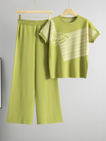 Ensemble décontracté deux pièces pour femme : haut tricoté à manches courtes rayé color block et pantalon large taille haute amincissant pour l'été