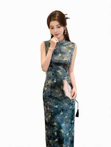 Summer <b>Chinese</b> Vintage Polyester Fibre Velvet Slim Fit Party Cheongsam <b>Dress</b> High-end Dark Green Color Ladies Sleeveless Adults - Product Image 1
