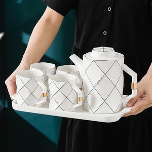 Promotional Diamond Pattern 6pcs Ceramic <b>Tea</b> <b>Set</b> Ceramic <b>Pot</b> and Mug with Tray - Product Image 2
