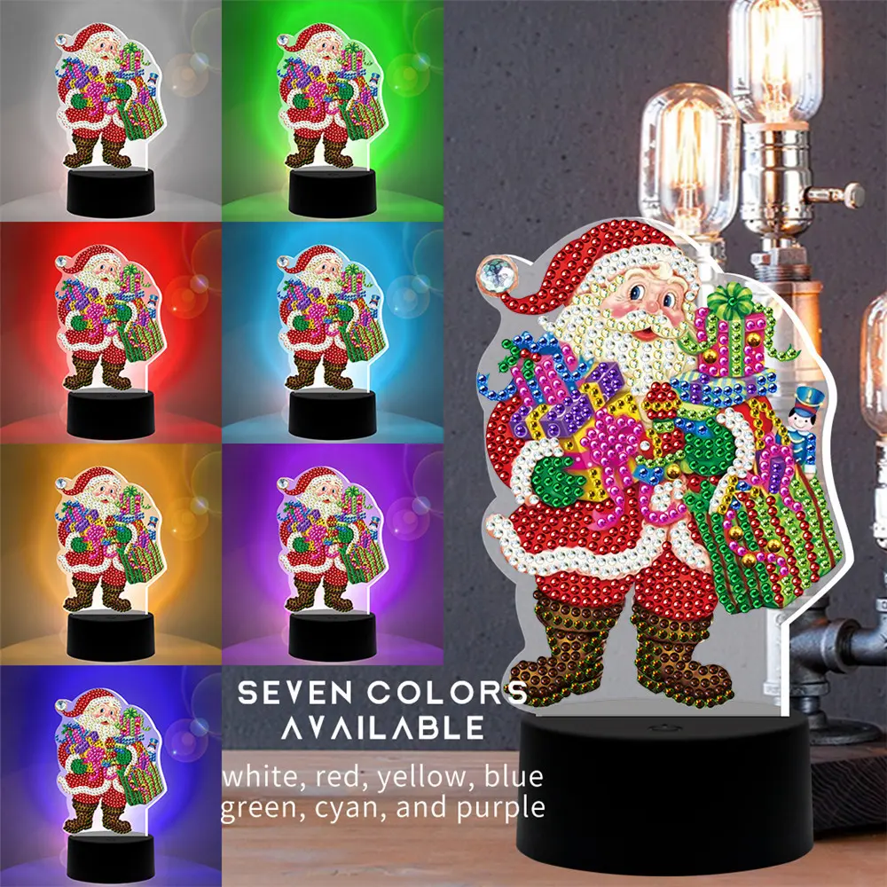 Bán buôn sản phẩm mới tự làm sơn kim cương thêu Santa Claus dẫn ánh sáng thủ công mỹ nghệ Rhinestone đêm Đèn quà tặng giáng sinh