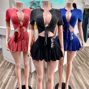 ZHEZHE 2024 moda Sexy mujer ácido lavado chándal y desgastado (con pantalones de seguridad en el interior) <span class=keywords><strong>falda</strong></span> conjunto de 2 piezas - Product Image 1