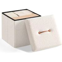Otomana Redonda Moderna con Almacenamiento, Tapicería Bouclé, Mesa de Centro y Reposapiés, Funda Extraíble para Sala de Estar, Dormitorio, Pasillo - Blanco