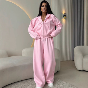 Fashion Sport Cotton <strong>Women's</strong> Solid-color Long-sleeved <strong>Zipper</strong> Hooded <strong>Hoodie</strong> with Drawstring Pants Two-piece Set - Product Image 1