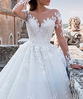 Luxuriöse Brautkleider mit O-Ausschnitt, Spitzenapplikationen, langen Ärmeln, Vintage-Stil, individuell gestaltet
