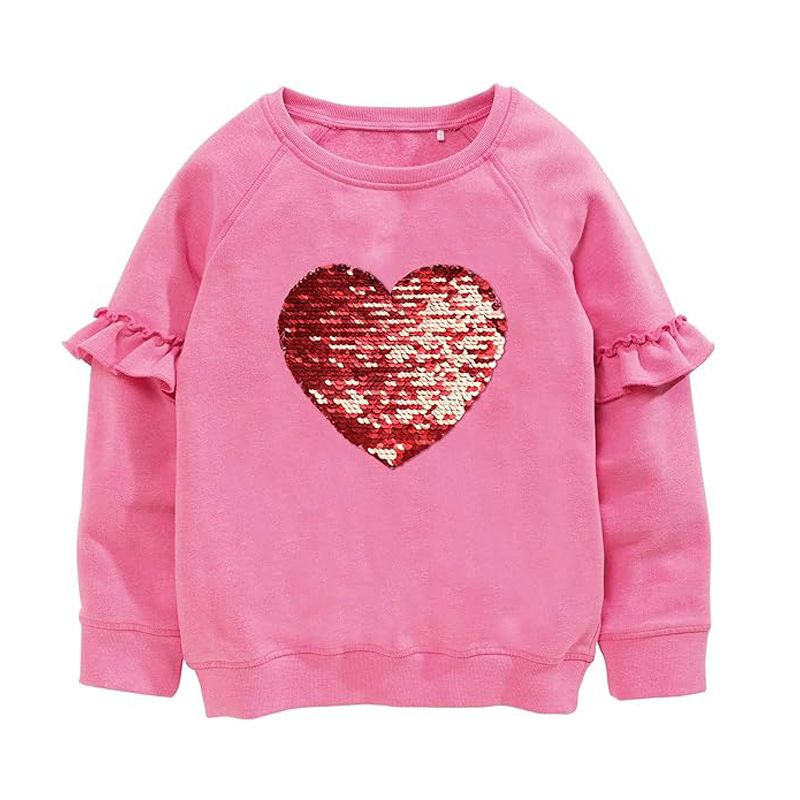 Sweter Hoodie anak perempuan bentuk hati payet Crewneck Sweatshirt Hoodie anak-anak untuk anak perempuan